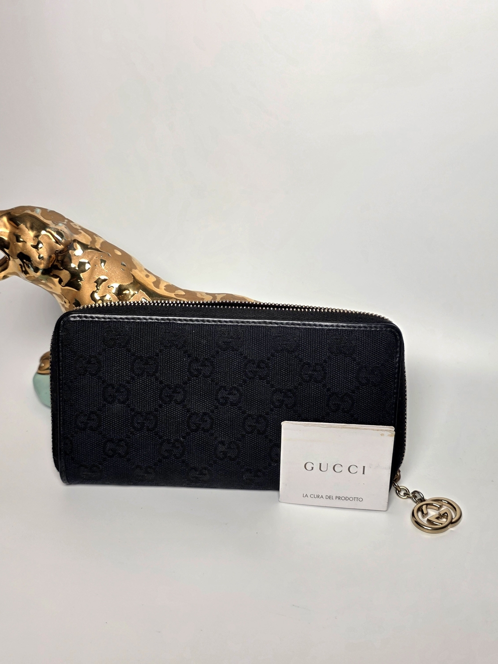 Gucci Black Canvas Long Full Zip Wallet with Gold GG Pull